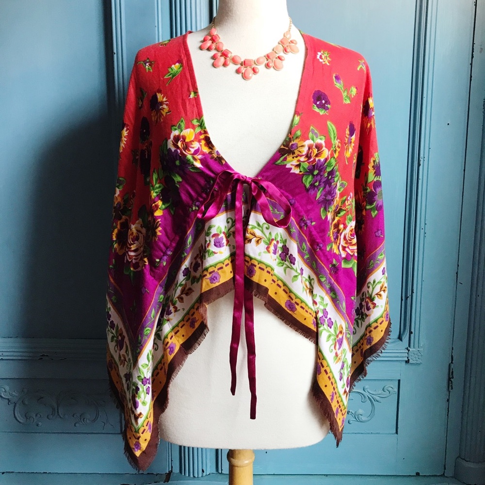 Vintage Betsey Johnson Red & Purple Floral Poncho Shrug